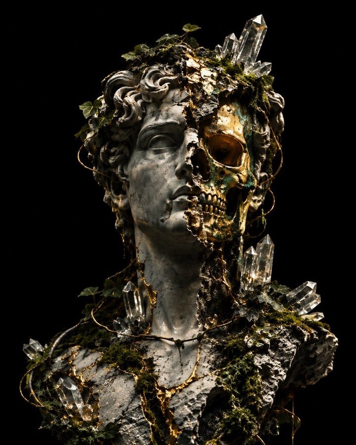Busto classico in marmo con metà volto trasformata in teschio dorato, avvolto da muschio e cristalli di quarzo, su fondo nero